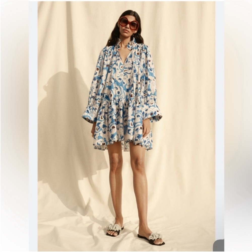H&M hm Cotton Voile Ruffle Collar Peplum Mini Dress Drop waist Pattern Blue NWT